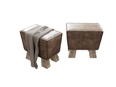 Brown Leather Stools with Wooden Legs and Gray Blanket for Home Decor 3d model