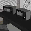 BOSCH Black Kitchen Appliances Microwave And Oven On Wooden Countertop With White Blinds