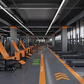Spacious Modern Fitness Gym With Workout Equipment Dumbbells And Orange Lines