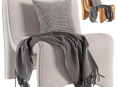 Cozy Modern Upholstered Lounge Chair With Striped Pillow And Knitted Blanket 3d model