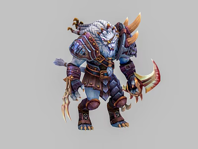 Mythical Warrior Creature With White Fur Blue Skin Horns Armor And Clawed Weapon 3d model