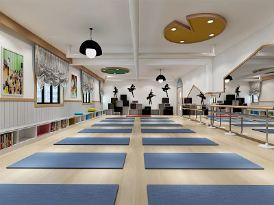 School Dance Classroom With Neatly Arranged Yoga Mats Wooden Floors Bookshelves Mirrors And Ceiling Lighting 3d model