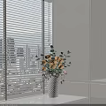 White Textured Vase With Beige Roses And Green Eucalyptus Leaves By Window Blinds