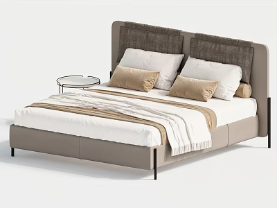 Modern Double Bed Upholstered Headboard White Sheets Beige Pillows Striped Throw Blanket And Nightstand 3d model