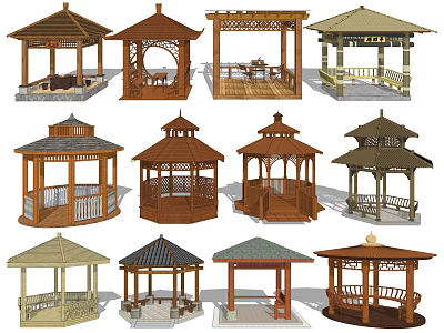 Various Traditional Wooden Garden Pavilions With Diverse Roof And Design Styles 3d model