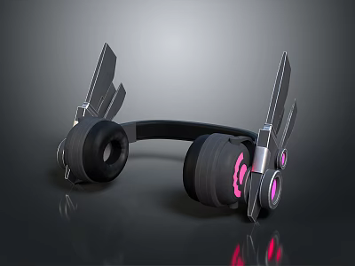 Sleek Futuristic Headphone Speaker With Modern Design And Illuminated Pink Purple Wing Shaped Cups 3d model