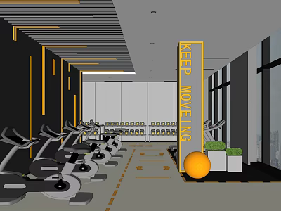 Modern Fitness Gym Featuring Elliptical Machines Yellow Accents Keep Moving Sign And Exercise Ball 3d model