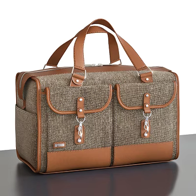 Gray Fabric Brown Leather Duffle Bag With Two Front Pockets Metal Buckles And Leather Handles 3d model