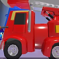 Two Red Cartoon Functional Vehicles With Fire Ladder And Eye Front Design 3d model