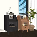 Two Modern Dark And Light Wood Sideboards With Grid Doors And Decorative Top Items