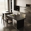 Modern Restaurant Interior With Dining Table Chairs Marble Counter And Elegant Lighting Design