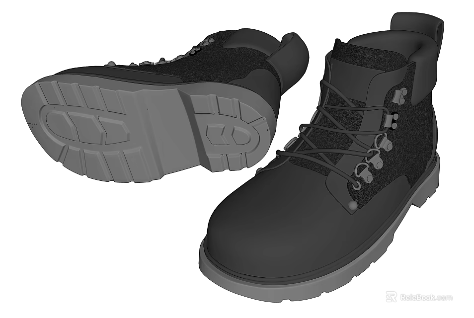 Casual Black Lace Up Boots With Sturdy Upper And Treaded Rubber Sole For Daily Wear 3d model 