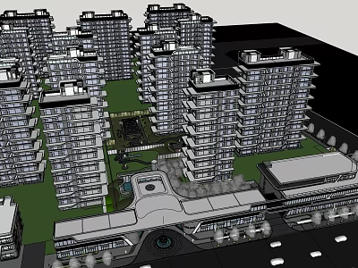 Residential Garden Landscape Among High Rise Apartment Buildings With Green Space 3d model