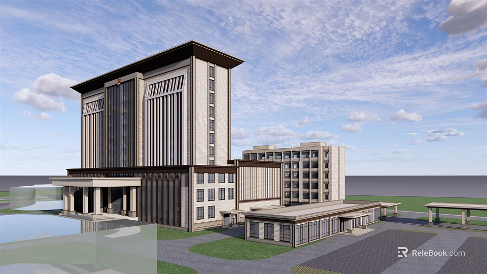 Modern Multi story Office Building With Symmetric Facade And Green Lawn Surroundings 3d model 