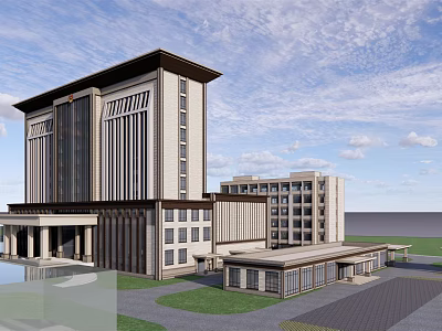 Modern Multi story Office Building With Symmetric Facade And Green Lawn Surroundings 3d model