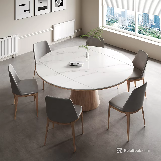 Round White Marble Dining Table Set with Gray Chairs and Wooden Base 3d model