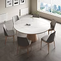 Round White Marble Dining Table Set with Gray Chairs and Wooden Base 3d model