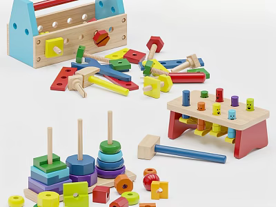 Colorful Wooden Building Blocks With Various Shapes And Kids Toy Components 3d model