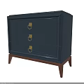 Modern Minimalist Navy Blue Bedside Table With Three Gold Ring Handles And Wooden Legs