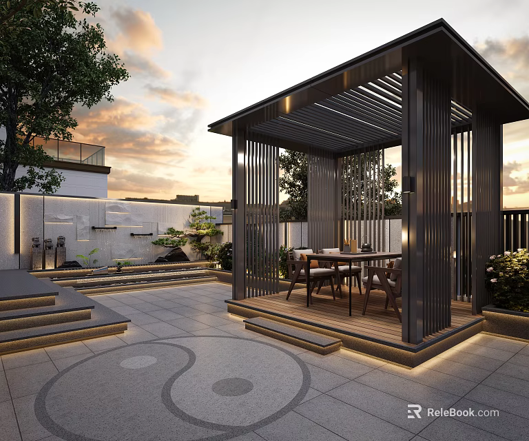 Modern Courtyard Garden With Pergola Dining Table Chairs Steps Plants Sunset Sky And Lighting 3d model 