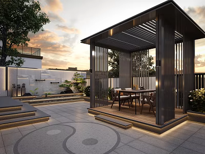 Modern Courtyard Garden With Pergola Dining Table Chairs Steps Plants Sunset Sky And Lighting 3d model