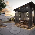 Modern Courtyard Garden With Pergola Dining Table Chairs Steps Plants Sunset Sky And Lighting
