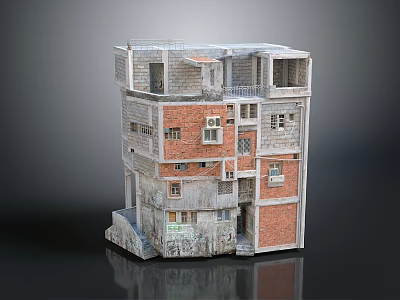 Aged Multi Storey Model Building With Red Brick Concrete Windows And Balconies 3d model