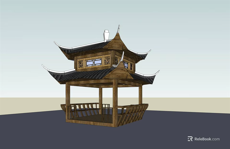 Traditional Chinese Wooden Pavilion Classic Design With Two Story Curved Eaves And Railings 3d model 