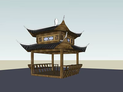 Traditional Chinese Wooden Pavilion Classic Design With Two Story Curved Eaves And Railings 3d model