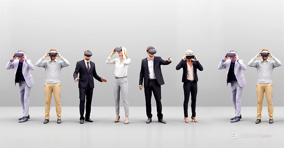 Group of people wearing VR headsets experiencing virtual reality technology 3d model 