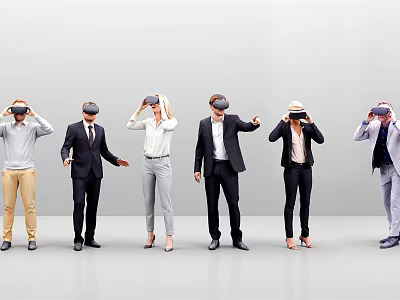 Group of people wearing VR headsets experiencing virtual reality technology 3d model