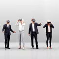 Group of people wearing VR headsets experiencing virtual reality technology