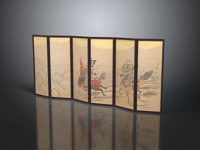 Traditional Oriental Folding Screen With Historical Horseback Figures Paintings And Wooden Frame 3d model
