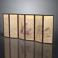 Traditional Oriental Folding Screen With Historical Horseback Figures Paintings And Wooden Frame