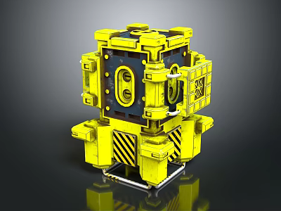 Yellow Mechanical Cube Structure With Support Arms And Black Striped Details 3d model