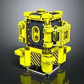 Yellow Mechanical Cube Structure With Support Arms And Black Striped Details 3d model