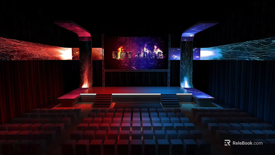 Theater Stage Setup With Colorful Background Screen Audience Seats And Dynamic Lighting Effects 3d model
