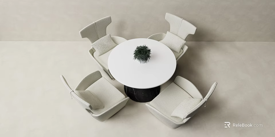 Modern Round Table White Top Black Base And Four Cushioned Ivory Chairs With Small Plant 3d model 