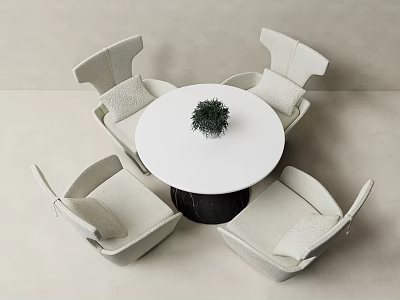 Modern Round Table White Top Black Base And Four Cushioned Ivory Chairs With Small Plant 3d model