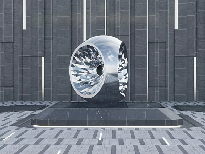 Modern Silver Diamond Cut Sculpture On Stone Base With Gray Wall Background 3d model