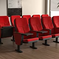 Red Public Chairs With Armrests And Small Tables In Theater With Wooden Floor