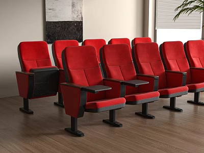 Red Public Chairs With Armrests And Small Tables In Theater With Wooden Floor 3d model