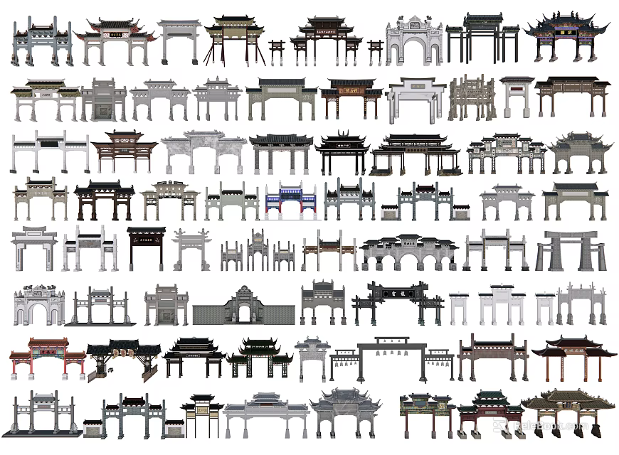 Traditional Chinese Memorial Archways Displaying Various Architectural Styles And Intricate Designs 3d model 