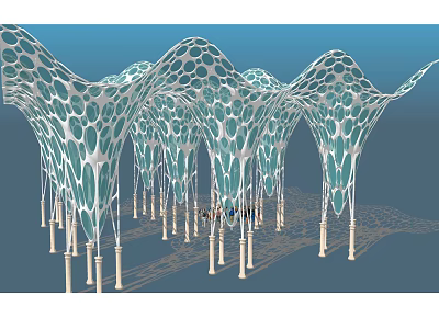Modern Wavy Sunshade Canopy With Hollow Out Details White Support Columns And Unique Design 3d model