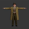 A Man Wearing a Hat and Trench Coat With Arms Outstretched Against Gray Background