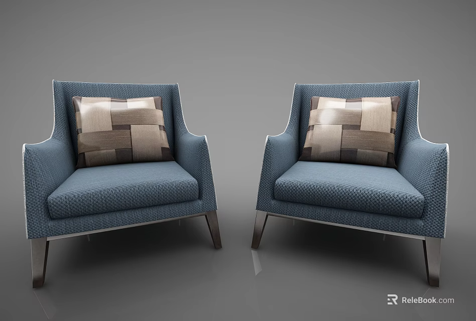 Modern Blue Single Sofa With Geometric Pattern Pillow And Metal Legs Design 3d model