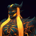 Mythical Horned Character And Fiery Creature With Glowing Lava Veins And Muscular Build