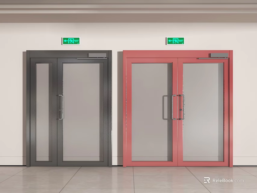 Modern Gray And Red Double Doors With Glass Panels And Green Exit Signs 3d model 