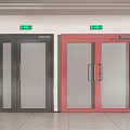 Modern Gray And Red Double Doors With Glass Panels And Green Exit Signs