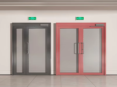 Modern Gray And Red Double Doors With Glass Panels And Green Exit Signs 3d model